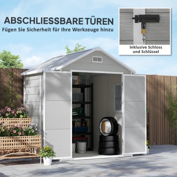 Tuinhuis 2,4m², waterdicht tuinhuis met vloer en lessenaarsdak, 182x151x219/181 cm, tuinschuur met afsluitbare deur, venster fietsgarage, tuinkast van aluminium, voor achtertuin, tuin, grijs 8
