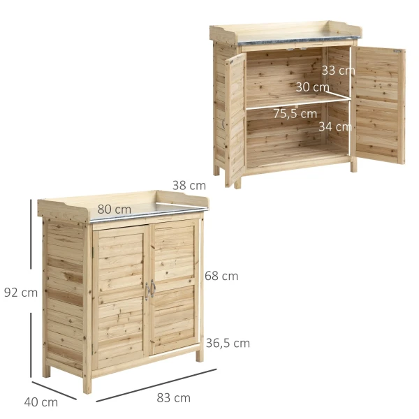 Tuinkast, planttafel met onderkast, hout, gereedschapskast met 2 planken, gereedschapsschuur, tuinschuur, natuur 4