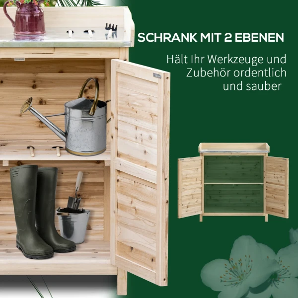 Tuinkast, planttafel met onderkast, hout, gereedschapskast met 2 planken, gereedschapsschuur, tuinschuur, natuur 5
