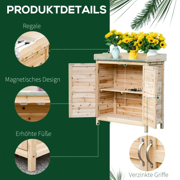 Tuinkast, planttafel met onderkast, hout, gereedschapskast met 2 planken, gereedschapsschuur, tuinschuur, natuur 6