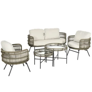 Tuinmeubelset 5 delig rattan zitgroep met kussens 2 stoelen 2 salontafels 1 dubbele sofa balkonmeubilair in boho stijl voor 4 personen alu bruin 1