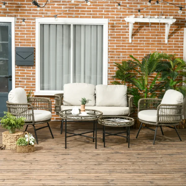 Tuinmeubelset 5 delig rattan zitgroep met kussens 2 stoelen 2 salontafels 1 dubbele sofa balkonmeubilair in boho stijl voor 4 personen alu bruin 2