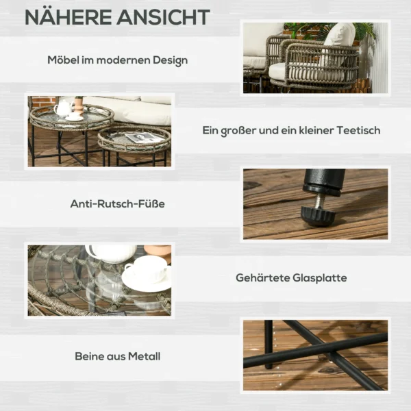 Tuinmeubelset 5 delig rattan zitgroep met kussens 2 stoelen 2 salontafels 1 dubbele sofa balkonmeubilair in boho stijl voor 4 personen alu bruin 7