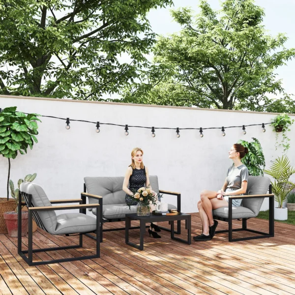 Tuinmeubelset voor 4 personen weerbestendige balkonmeubelset met 2 zits sofa, stoel zitkussen bijzettafel outdoor zitgroep terrasmeubelen tuinlounge voor tuin balkon lichtgrijs 2