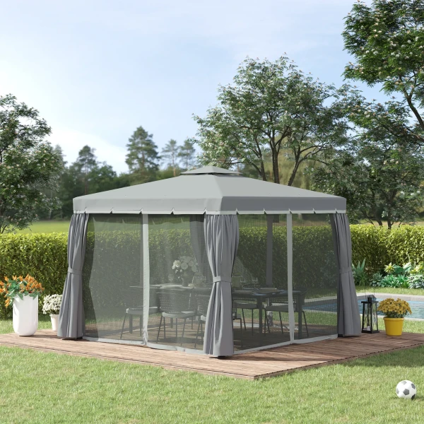 Tuinpaviljoen, 2,96 x 2,96 m, met dubbel dak, 4 zijpanelen muggennet, feesttent partytent aluminium polyester 2