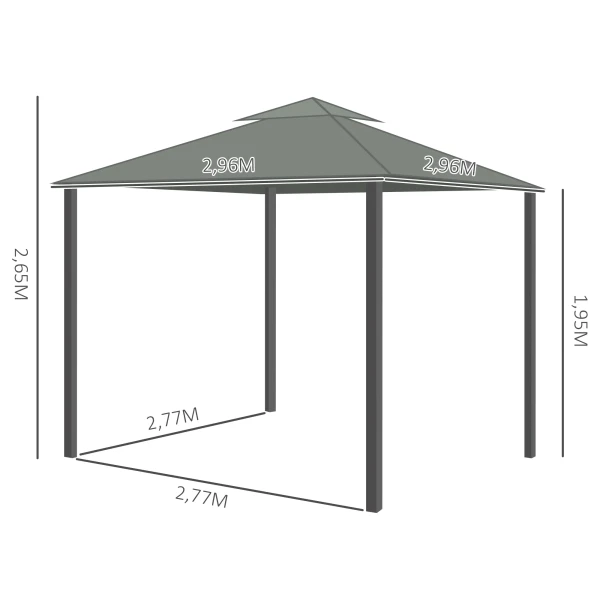 Tuinpaviljoen, 2,96 x 2,96 m, met dubbel dak, 4 zijpanelen muggennet, feesttent partytent aluminium polyester 4