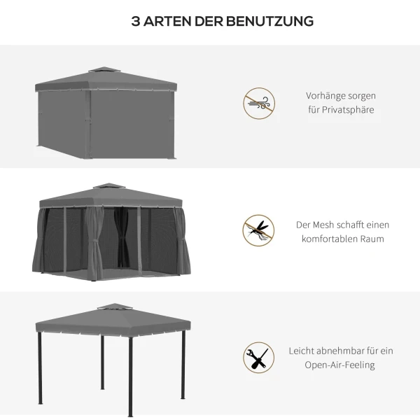 Tuinpaviljoen, 2,96 x 2,96 m, met dubbel dak, 4 zijpanelen muggennet, feesttent partytent aluminium polyester 7