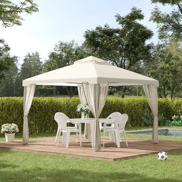Tuinpaviljoen 3x3m met 4 zijwanden, weerbestendige tuintent van metaal en polyester, crèmewit voor tuinfeesten 2