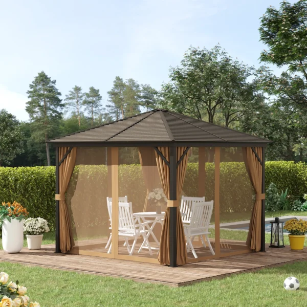 Tuinpaviljoen feesttent 4 x dubbele zijwanden lantaarnhaken alu + polyester brons+lichtbruin ca. 3 x 3 x 2,5 m 2