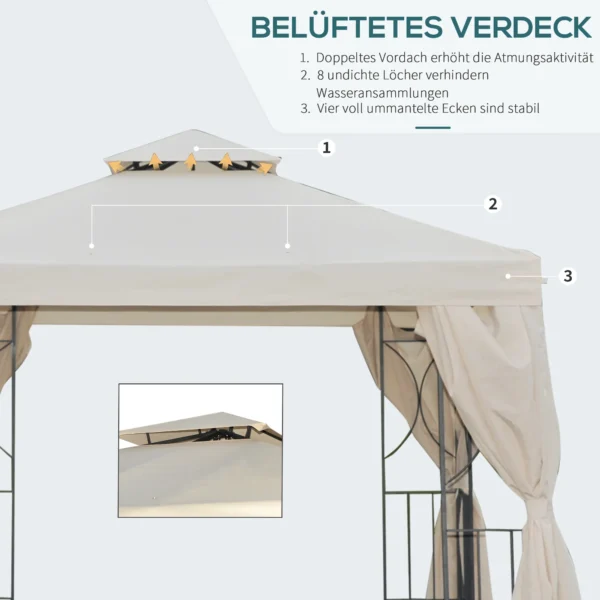 Tuinpaviljoen paviljoen ca. 3 x 3 m dubbeldak partytent feesttent 4 x dubbel zijpanelen waterdicht uv bescherming metaal polyester crème 5