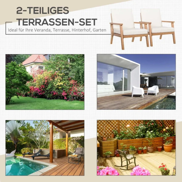 Tuinstoelen 2 delige set comfortabele tuinstoelen met kussens, gemaakt van populierenhout, voor balkon & tuin, 66x77,5x74,5 cm 5