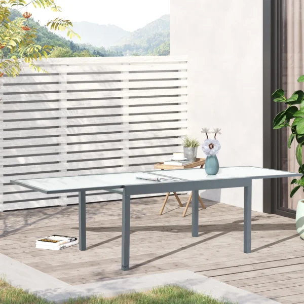 Tuintafel eettafel met gehard glazen blad 160 210 cm uitschuifbaar, aluminium, rechthoekig, grijs wit voor balkon & tuinmeubilair 2