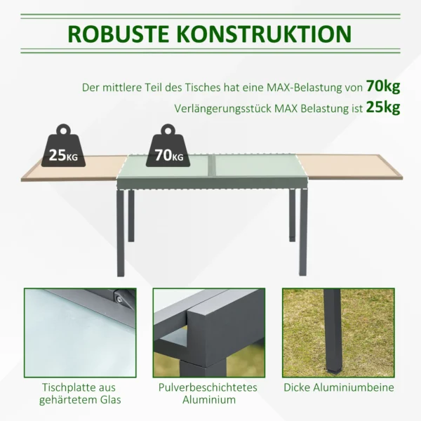 Tuintafel eettafel met gehard glazen blad 160 210 cm uitschuifbaar, aluminium, rechthoekig, grijs wit voor balkon & tuinmeubilair 6