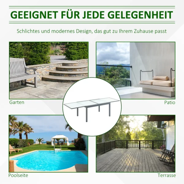Tuintafel eettafel met gehard glazen blad 160 210 cm uitschuifbaar, aluminium, rechthoekig, grijs wit voor balkon & tuinmeubilair 7