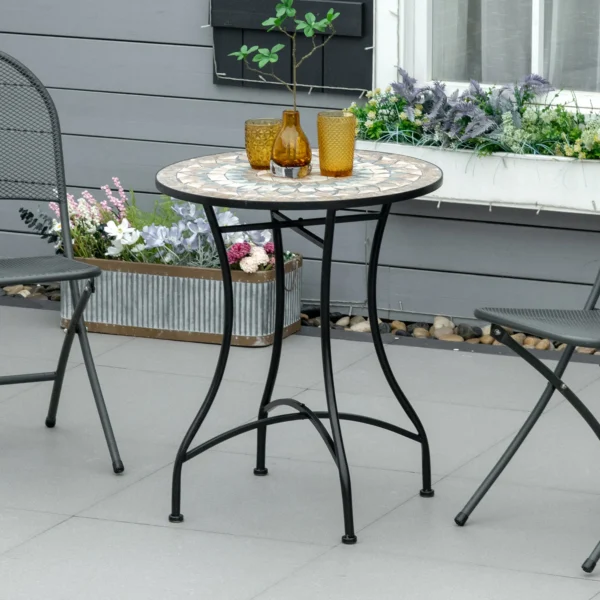 Tuintafel mozaïektafel rond bistrotafel met keramiek mozaïekplaat in groen beige wit Ø60cm voor tuin balkon terras 2