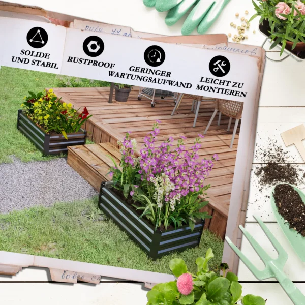 Verhoogd bed 2 delige set, plantenbak, bloembak, roestvrij bloempot, bloempot voor terras, balkon, verzinkt staal, donkergrijs, 100 x 60 x 30 cm 8