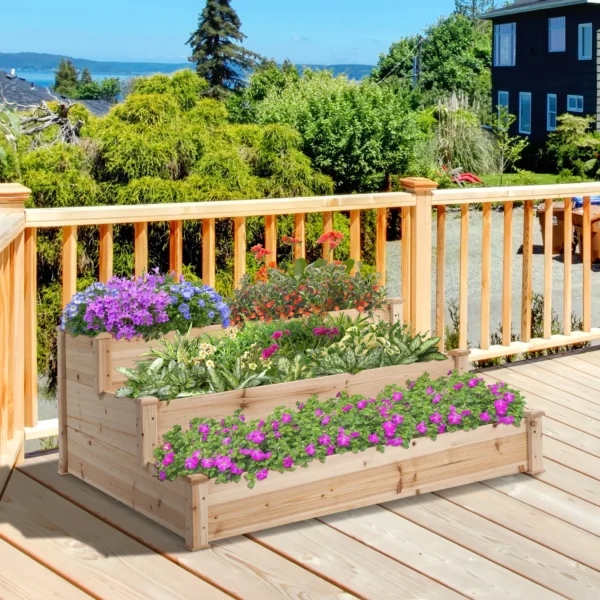 Verhoogd bed 3 traps plantenbed kruidenbed bloementrap voor balkon & tuin van natuurlijk sparrenhout 124x124x56 cm 2