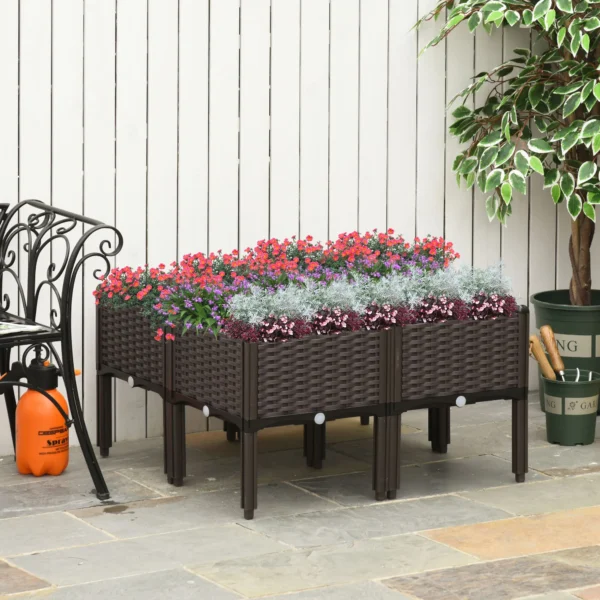 Verhoogd bloembed 4 delig plantenbak met afvoergaten rattan look diy bruin 40x40x44cm ideaal voor tuin en balkon 2