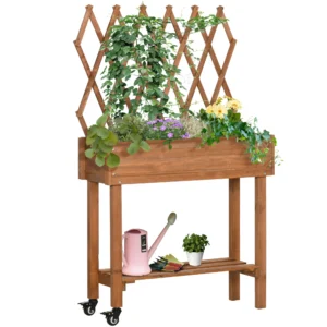 Verhoogd bloembed met klimrek bloembak op wielen met plank van massief hout voor terras en tuin in bruin 79x29x130cm 1
