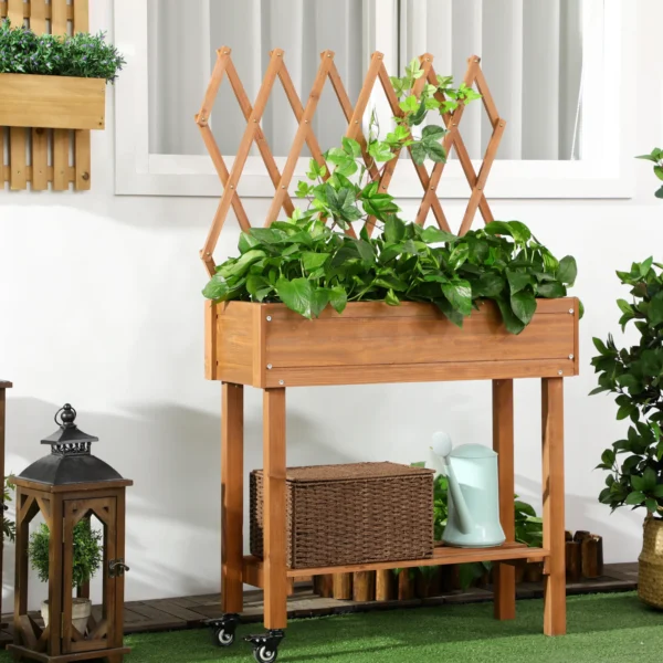 Verhoogd bloembed met klimrek bloembak op wielen met plank van massief hout voor terras en tuin in bruin 79x29x130cm 2