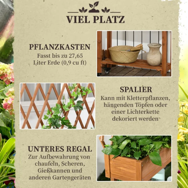 Verhoogd bloembed met klimrek bloembak op wielen met plank van massief hout voor terras en tuin in bruin 79x29x130cm 5