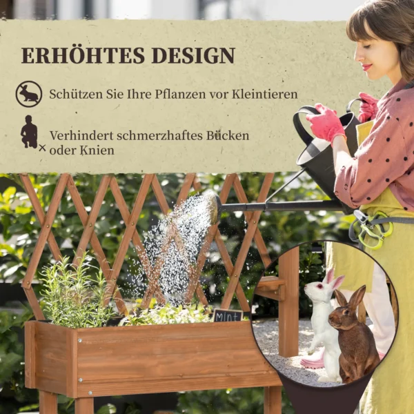 Verhoogd bloembed met klimrek bloembak op wielen met plank van massief hout voor terras en tuin in bruin 79x29x130cm 6