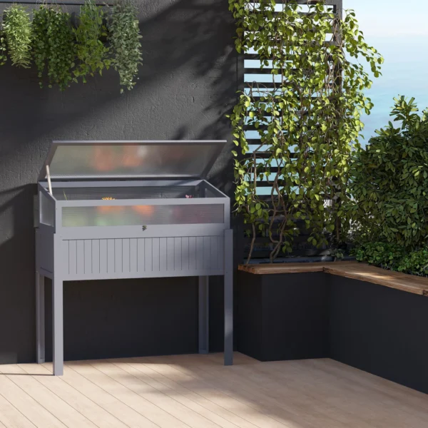 Verhoogd houten bed met vroege oogst 2 in 1 kas voor tomaten & groentebed, polycarbonaat grijs 120x54x112/122cm 2