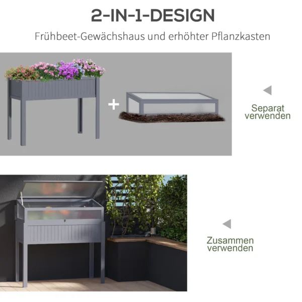 Verhoogd houten bed met vroege oogst 2 in 1 kas voor tomaten & groentebed, polycarbonaat grijs 120x54x112/122cm 5