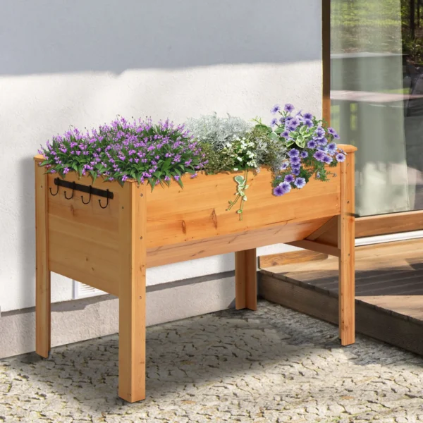 Verhoogd kruidenbed plantenbak van hout met afvoergat & haak, bloembak op poten 124x60x81 cm in natuurlijke kleur 2