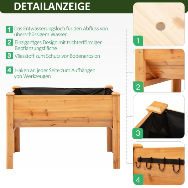 Verhoogd kruidenbed plantenbak van hout met afvoergat & haak, bloembak op poten 124x60x81 cm in natuurlijke kleur 6