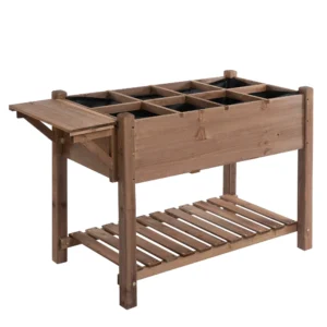 Verhoogde plantenbak 123x54x74cm met 8 roosters & opvouwbare plank van massief hout in bruin voor tuin & terras 1