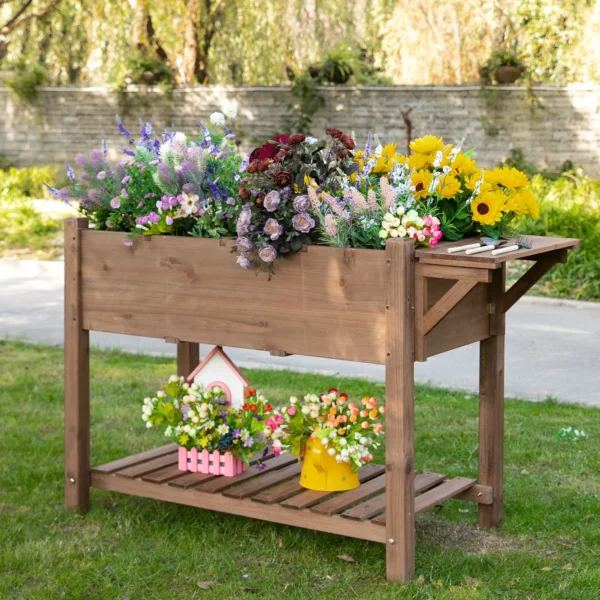 Verhoogde plantenbak 123x54x74cm met 8 roosters & opvouwbare plank van massief hout in bruin voor tuin & terras 2