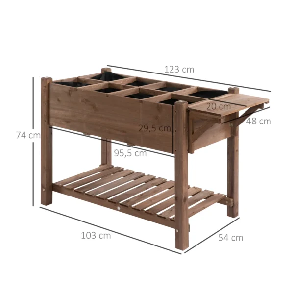 Verhoogde plantenbak 123x54x74cm met 8 roosters & opvouwbare plank van massief hout in bruin voor tuin & terras 4