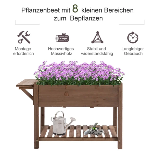 Verhoogde plantenbak 123x54x74cm met 8 roosters & opvouwbare plank van massief hout in bruin voor tuin & terras 5