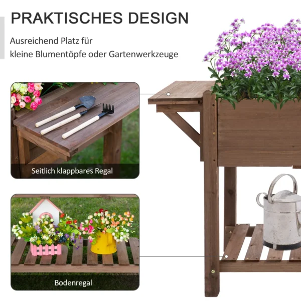 Verhoogde plantenbak 123x54x74cm met 8 roosters & opvouwbare plank van massief hout in bruin voor tuin & terras 6