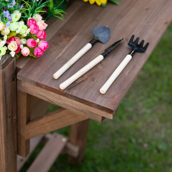Verhoogde plantenbak 123x54x74cm met 8 roosters & opvouwbare plank van massief hout in bruin voor tuin & terras 8