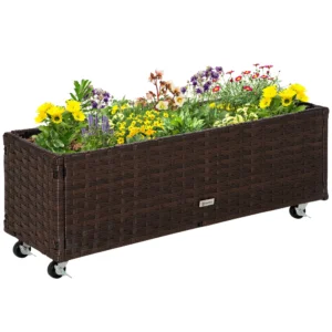 Verhoogde plantenbak poly rattan op wielen 94,5 x 31 x 36 cm, bloempot met afvoergaten, koffie bruin voor tuin & balkon 1