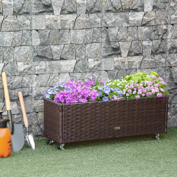 Verhoogde plantenbak poly rattan op wielen 94,5 x 31 x 36 cm, bloempot met afvoergaten, koffie bruin voor tuin & balkon 2