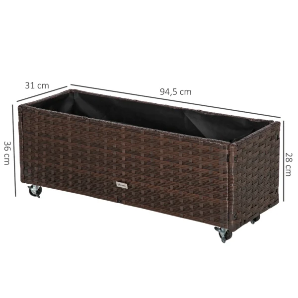 Verhoogde plantenbak poly rattan op wielen 94,5 x 31 x 36 cm, bloempot met afvoergaten, koffie bruin voor tuin & balkon 4