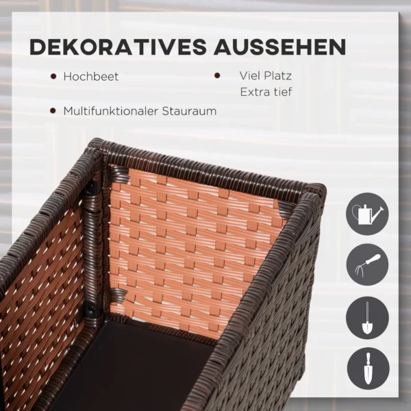 Verhoogde plantenbak poly rattan op wielen 94,5 x 31 x 36 cm, bloempot met afvoergaten, koffie bruin voor tuin & balkon 5