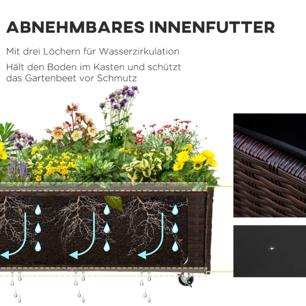 Verhoogde plantenbak poly rattan op wielen 94,5 x 31 x 36 cm, bloempot met afvoergaten, koffie bruin voor tuin & balkon 6