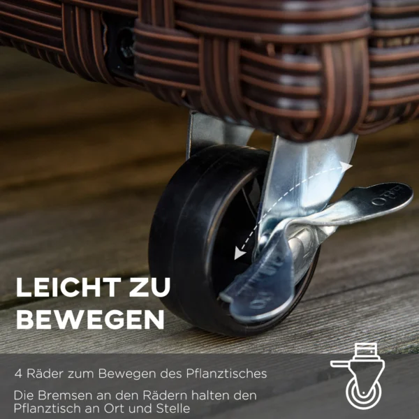 Verhoogde plantenbak poly rattan op wielen 94,5 x 31 x 36 cm, bloempot met afvoergaten, koffie bruin voor tuin & balkon 7
