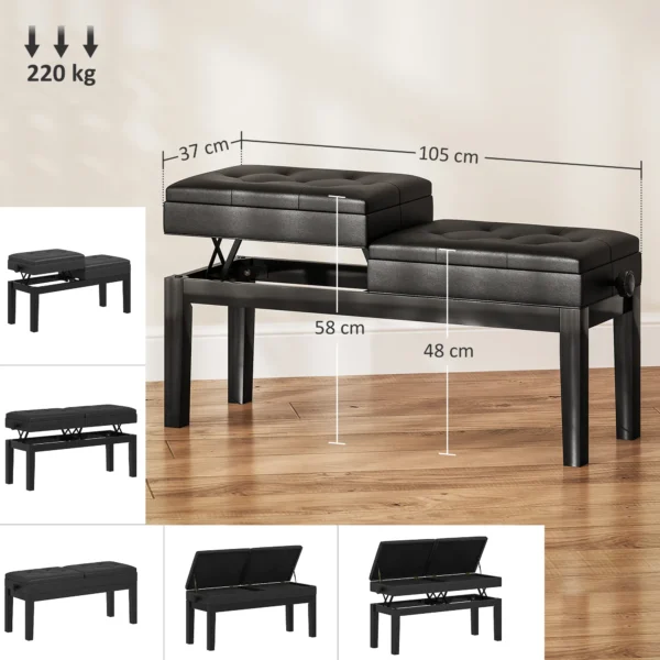 Verstelbare pianokruk met opbergruimte, pianobank tot 220 kg belastbaar, kunstleer, zwart, 105 x 37 x 48 58 cm 4