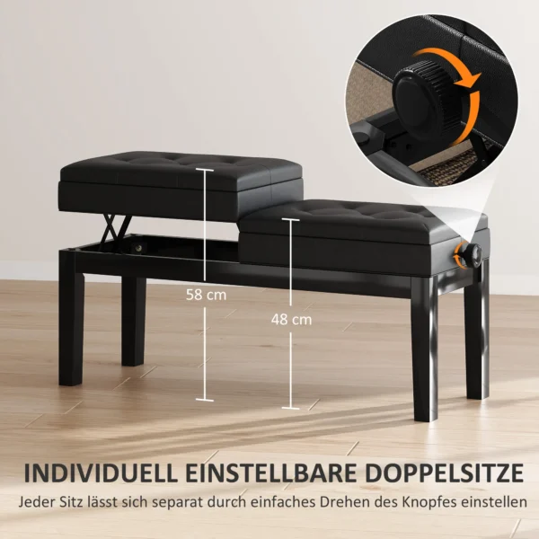 Verstelbare pianokruk met opbergruimte, pianobank tot 220 kg belastbaar, kunstleer, zwart, 105 x 37 x 48 58 cm 7