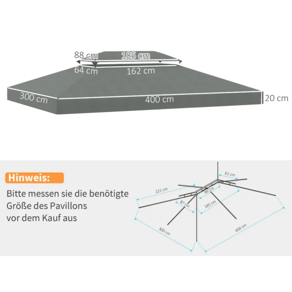 Vervangend paviljoendak voor metalen tuinpaviljoen, partytent, tuintent polyester 3x4m donkergrijs 4