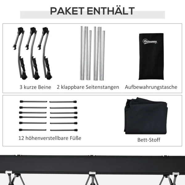 Vouwbaar campingbed aluminium veldbed hoogteverstelbaar zwart 190x65x38cm tot 150kg met draagtas voor buiten 8