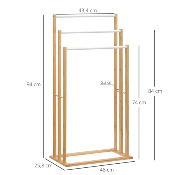 Vrijstaande handdoekhouder met 3 stangen van bamboe, natuurlijk, 48x25,8x94cm, ideaal voor badkamer & wellness 4