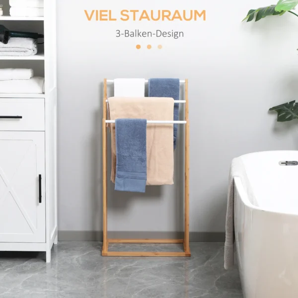 Vrijstaande handdoekhouder met 3 stangen van bamboe, natuurlijk, 48x25,8x94cm, ideaal voor badkamer & wellness 5
