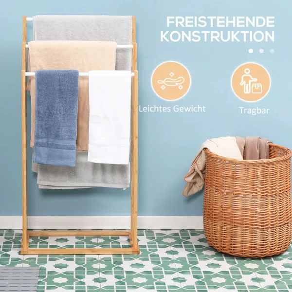 Vrijstaande handdoekhouder met 3 stangen van bamboe, natuurlijk, 48x25,8x94cm, ideaal voor badkamer & wellness 7