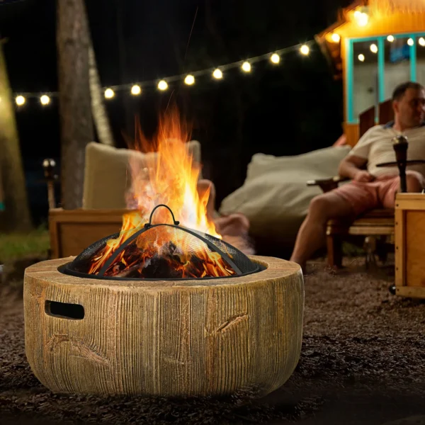 Vuurkorf vuurplaats met deksel en pook in boomstronk design voor tuin camping terras van staal mgo bruin 2